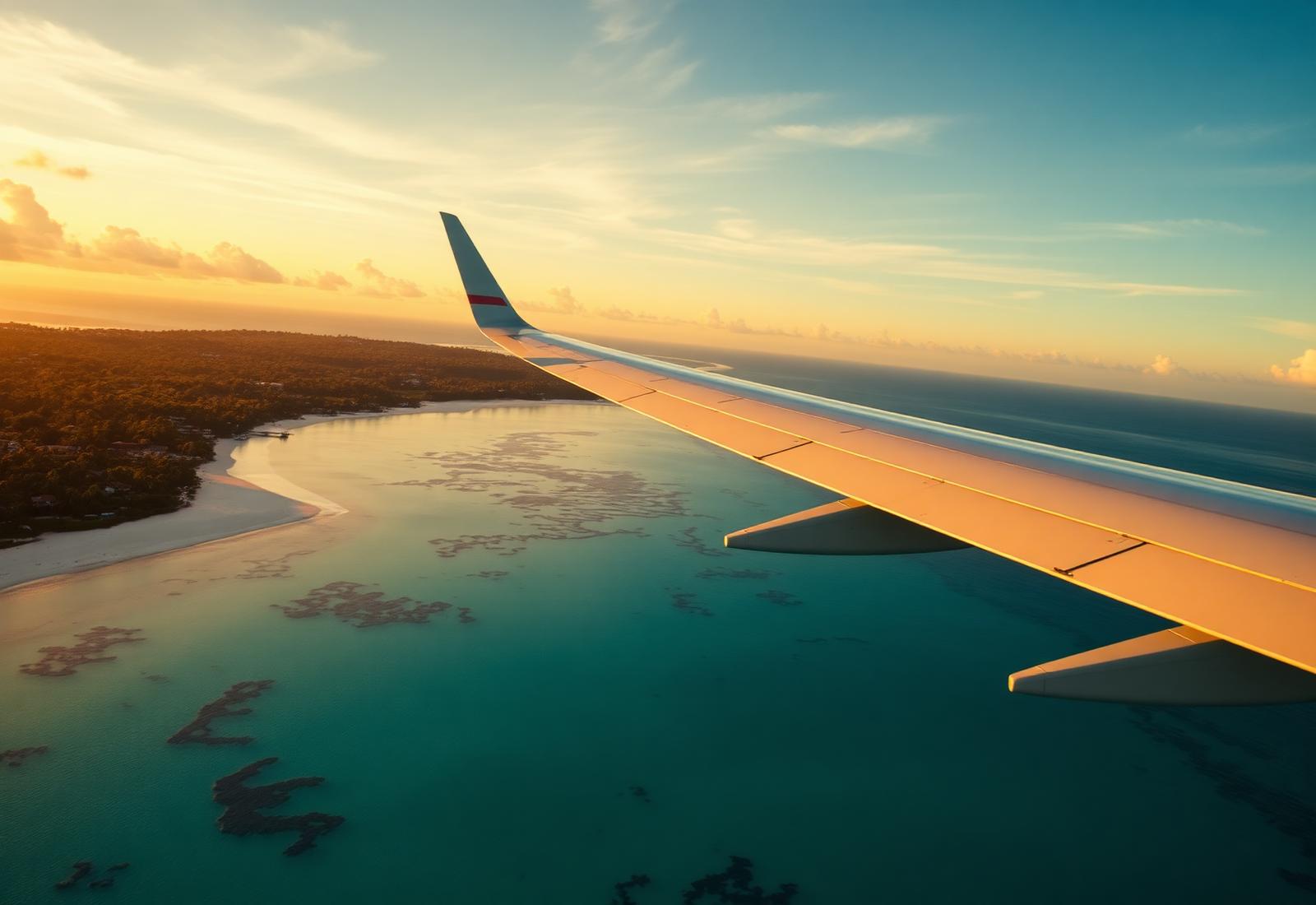Wing of an aircraft over a turquoise lagoon at golden hour
